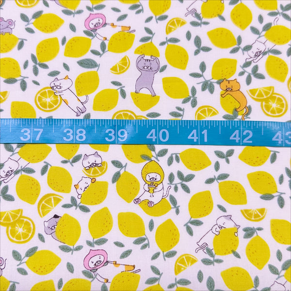 Lemon Cats on White Broadcloth Cotton Fabric by Cotton Kobayashi