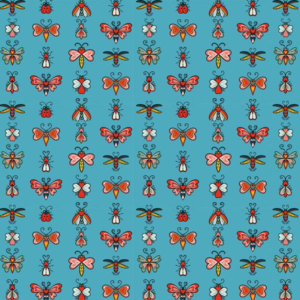 Love Bugs Teal cotton fabric from Love Letters by Club Hauer for Free Spirit featuring playful insect motifs on a rich teal background.