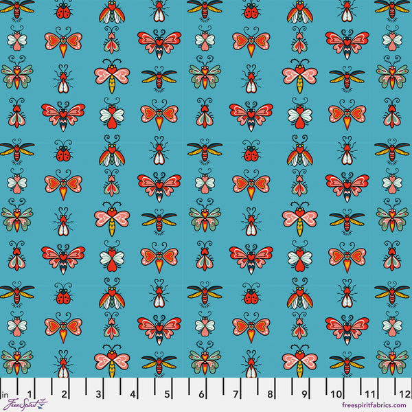 Scale of Love Bugs Teal cotton fabric from Love Letters by Club Hauer for Free Spirit featuring playful insect motifs on a rich teal background.