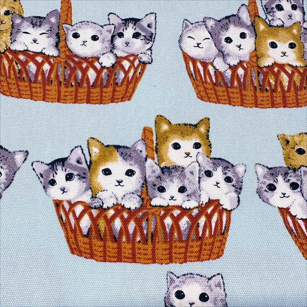 Kitty Cats in Baskets Cotton Oxford Fabric, Fuwari Imported from Japan Cute Kitties Light Blue