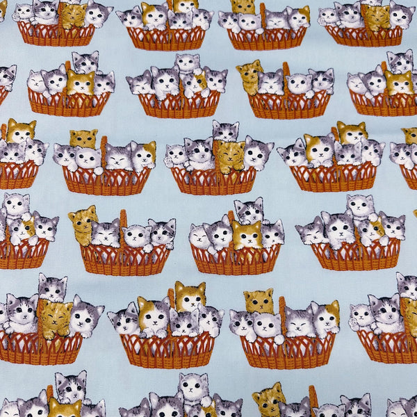 Kitty Cats in Baskets Cotton Oxford Fabric, Fuwari Imported from Japan Cute Kitties Light Blue