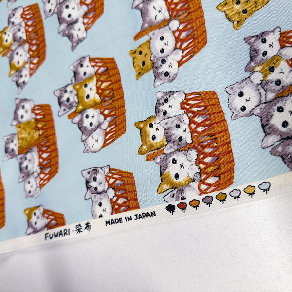 Kitty Cats in Baskets Cotton Oxford Fabric, Fuwari Imported from Japan Cute Kitties Light Blue