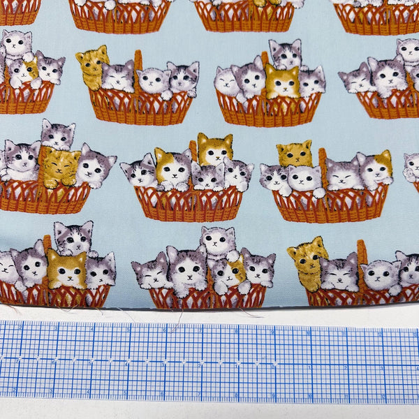 Kitty Cats in Baskets Cotton Oxford Fabric, Fuwari Imported from Japan Cute Kitties Light Blue