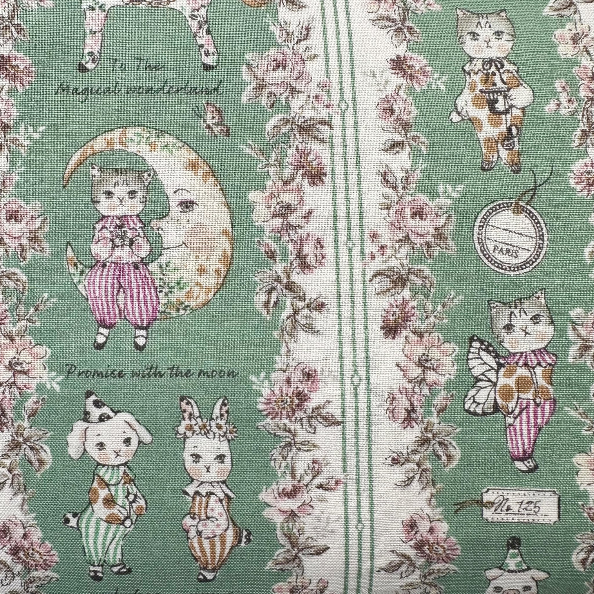 Magical Wonderland by Sobakasu Kids Cotton Fabric, Yuwa Fabrics Circus Cats and Animals on Green