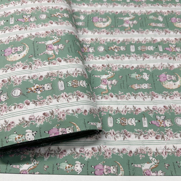 Magical Wonderland by Sobakasu Kids Cotton Fabric, Yuwa Fabrics Circus Cats and Animals on Green