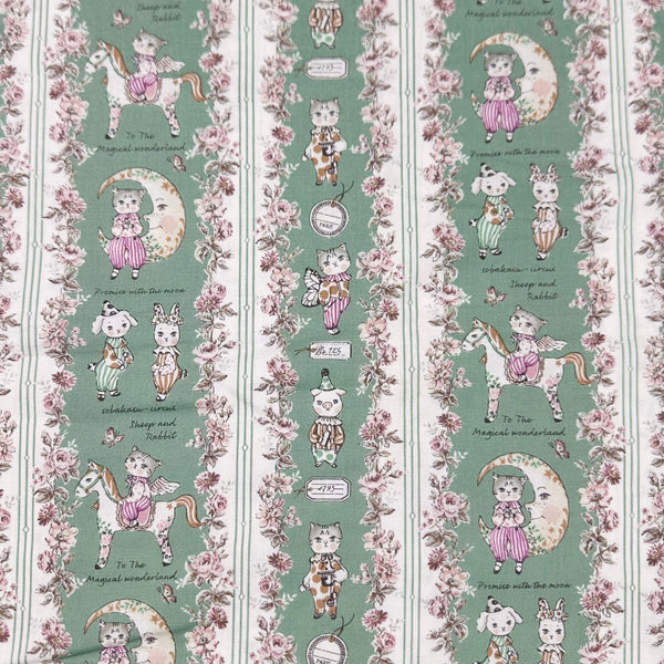 Magical Wonderland by Sobakasu Kids Cotton Fabric, Yuwa Fabrics Circus Cats and Animals on Green