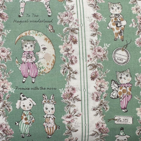 Magical Wonderland by Sobakasu Kids Cotton Fabric, Yuwa Fabrics Circus Cats and Animals on Green