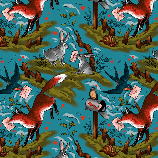 Mail Toile Multi cotton fabric from Love Letters by Club Hauer for FreeSpirit Fabrics featuring illustrated postal and toile-style motifs in a vibrant multi-color design.