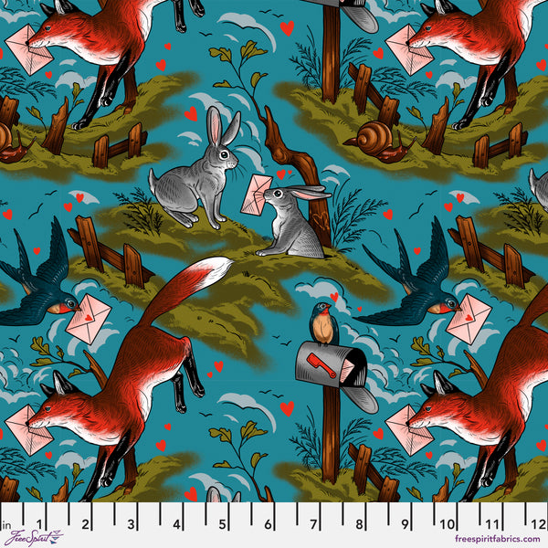 Scale of Mail Toile Multi cotton fabric from Love Letters by Club Hauer for FreeSpirit Fabrics featuring illustrated postal and toile-style motifs in a vibrant multi-color design.