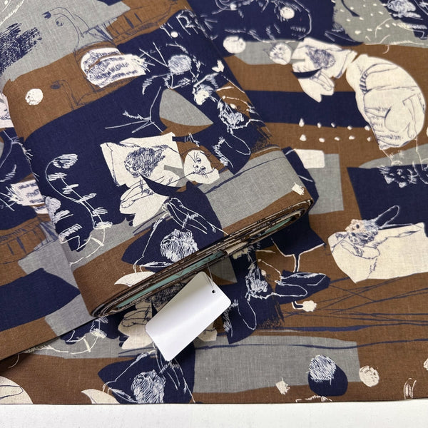 Bolt of Abstract Art Cat cotton linen fabric by Kokka in brown, YGA-86030-1B