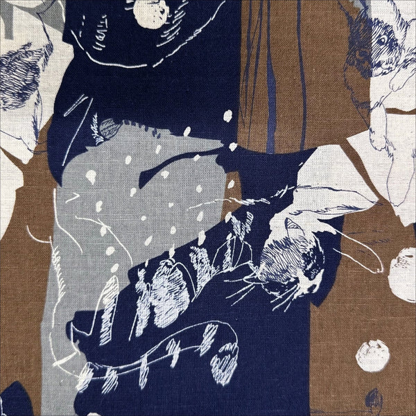 Close up of Abstract Art Cat cotton linen fabric by Kokka in brown, YGA-86030-1B
