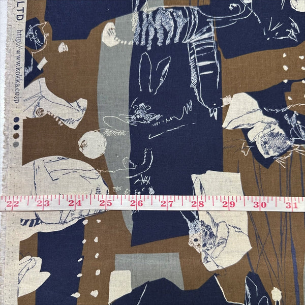 Scale of Abstract Art Cat cotton linen fabric by Kokka in brown, YGA-86030-1B