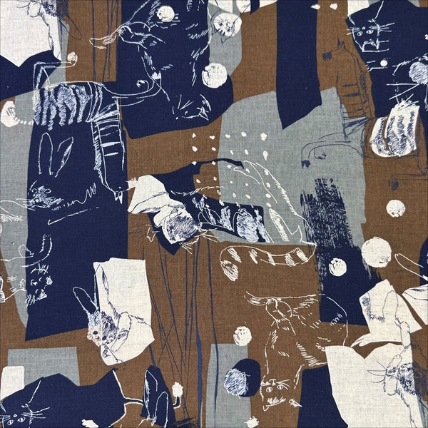 Abstract Art Cat cotton linen fabric by Kokka in brown, YGA-86030-1B