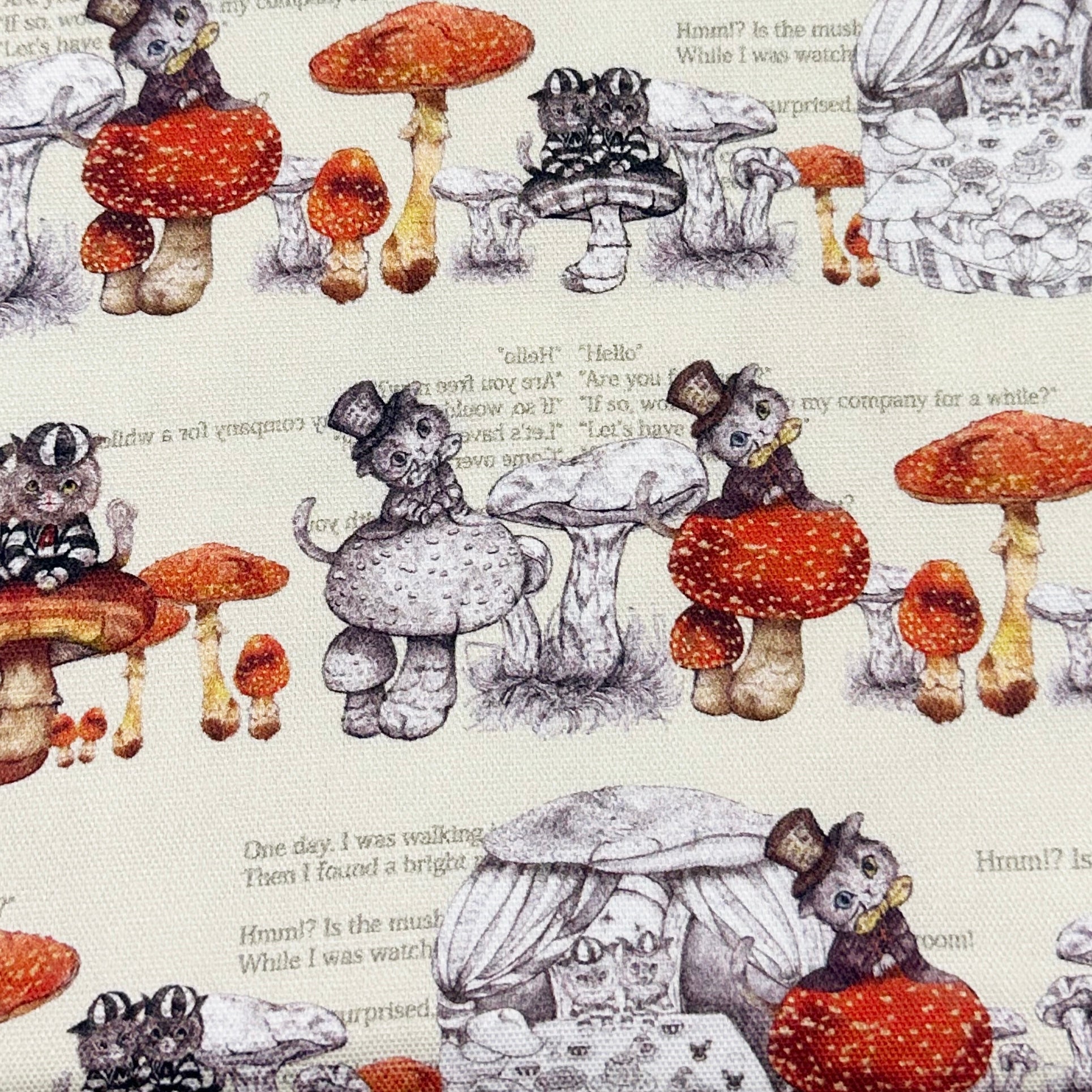 Mushroom Cat Cotton Oxford Fabric in Cream by Illustrator Ringo, Imported from Japan