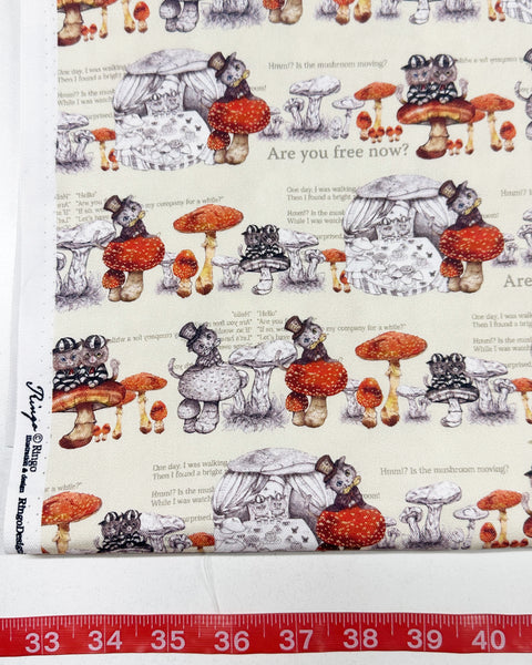 Mushroom Cat Cotton Oxford Fabric in Cream by Illustrator Ringo, Imported from Japan