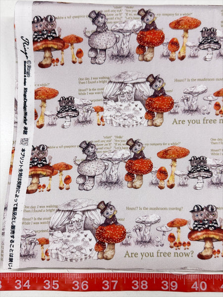 Mushroom Cat Cotton Oxford Fabric in Gray by Illustrator Ringo, Imported from Japan