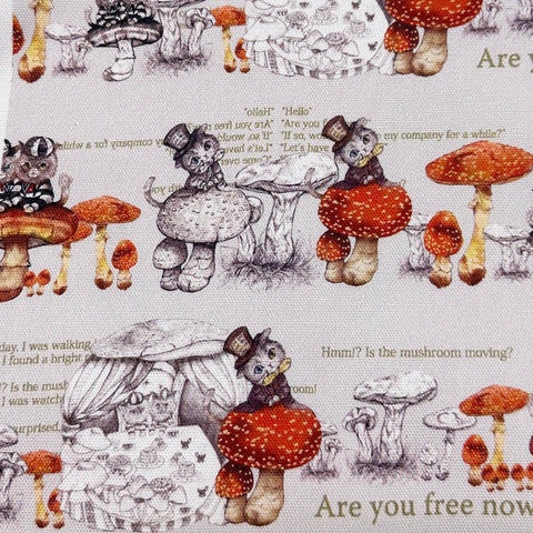 Mushroom Cat Cotton Oxford Fabric in Gray by Illustrator Ringo, Imported from Japan