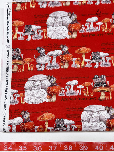 Mushroom Cat Cotton Oxford Fabric in Red by Illustrator Ringo, Imported from Japan