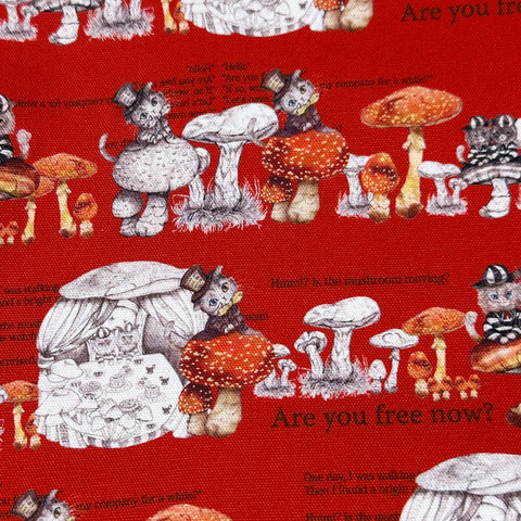 Mushroom Cat Cotton Oxford Fabric in Red by Illustrator Ringo, Imported from Japan