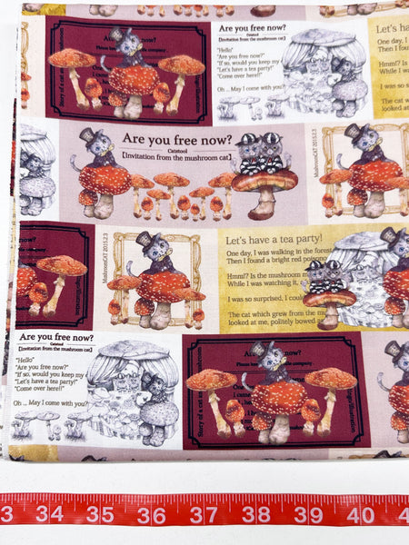 Mushroom Cats Tea Party Cotton Fabric in Wine by Illustrator Ringo, Imported from Japan