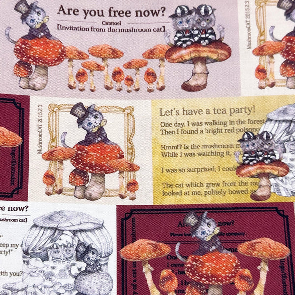 Mushroom Cats Tea Party Cotton Fabric in Wine by Illustrator Ringo, Imported from Japan