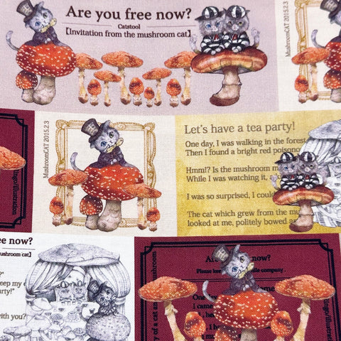 Mushroom Cats Tea Party Cotton Fabric in Wine by Illustrator Ringo, Imported from Japan