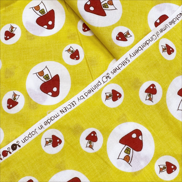 Mushroom Houses on Yellow Cotton fabric by Lecien , Natalie Lymer