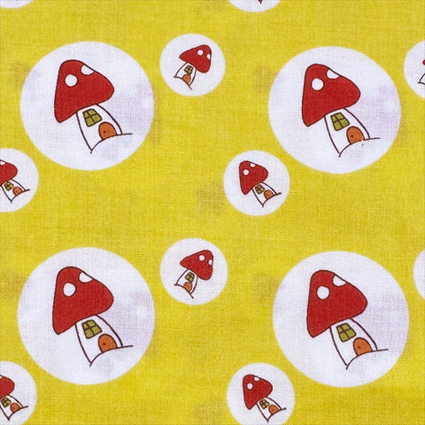 Mushroom Houses on Yellow Cotton fabric by Lecien , Natalie Lymer