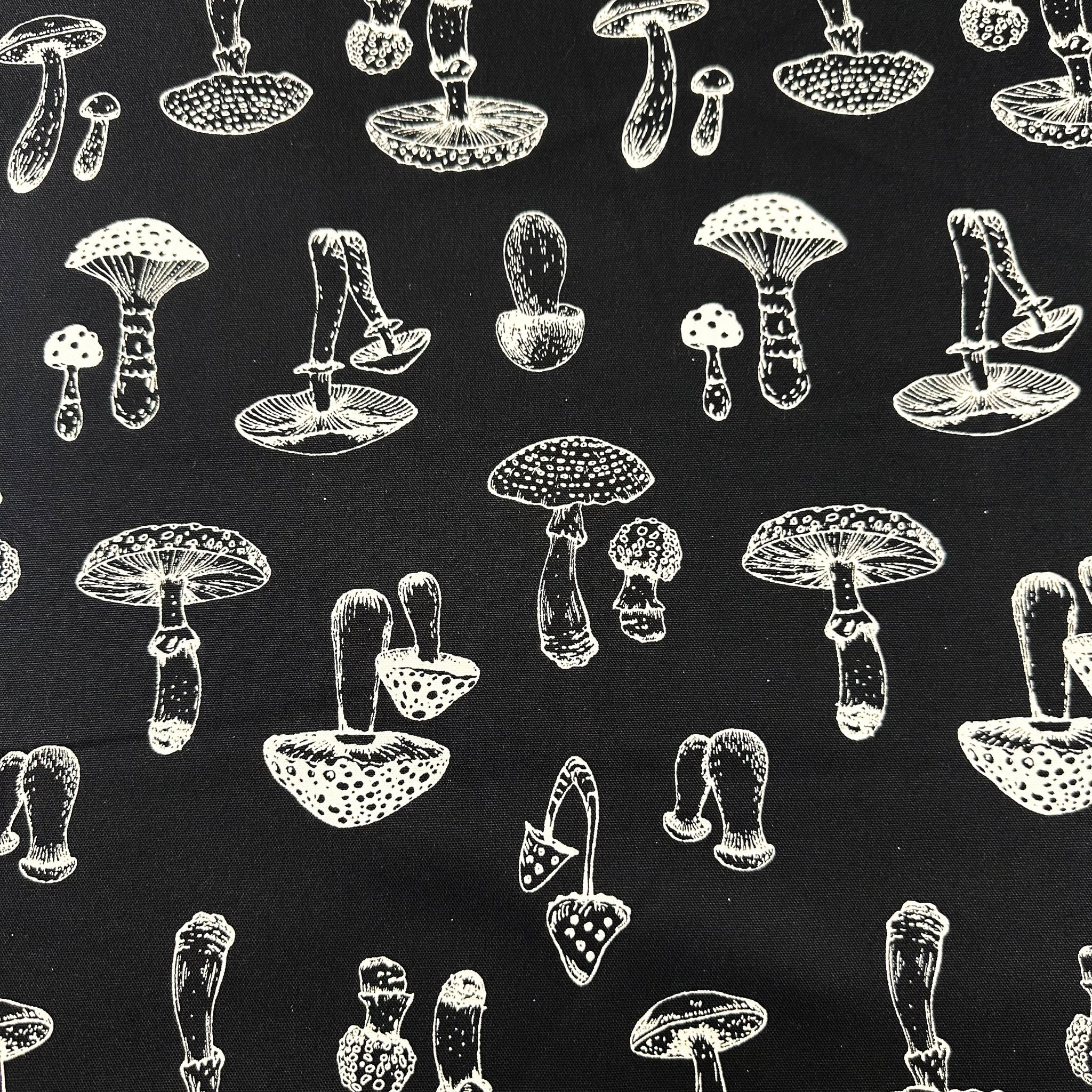 Mushroom Print Oxford Cotton Fabric in Black, Made in Japan