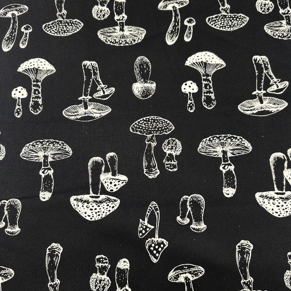 Mushroom Print Oxford Cotton Fabric in Black, Made in Japan