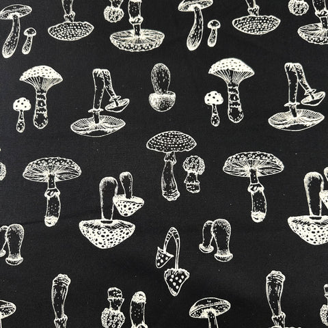 Mushroom Print Oxford Cotton Fabric in Black, Made in Japan