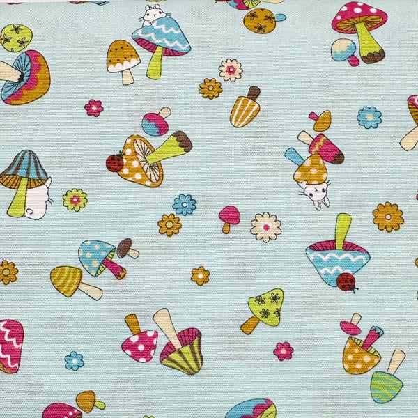 Mushrooms and Bunnies Cotton Fabric by Cosmo Textiles, OOP
