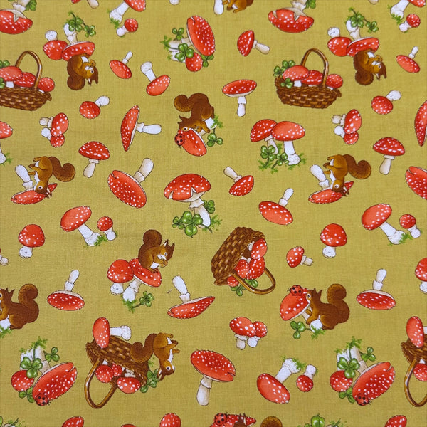 Mushrooms and Squirrels Cotton Fabric by Cosmo Textiles, OOP