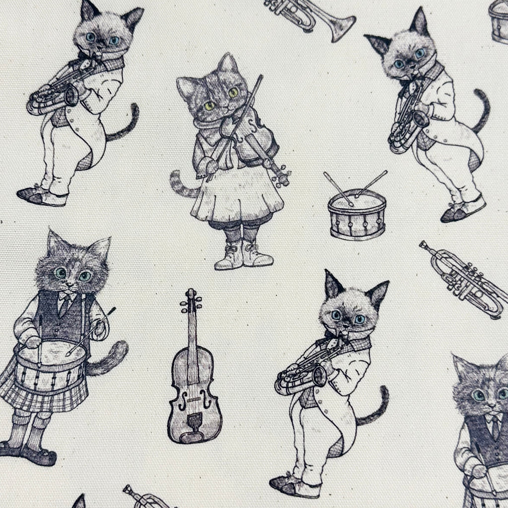 Music Cat Cotton Oxford Fabric in Natural by Illustrator Ringo, Imported from Japan