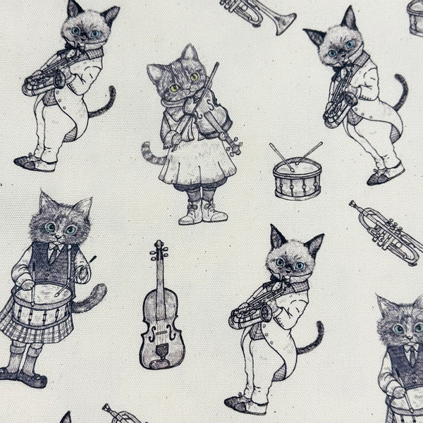 Music Cat Cotton Oxford Fabric in Natural by Illustrator Ringo, Imported from Japan