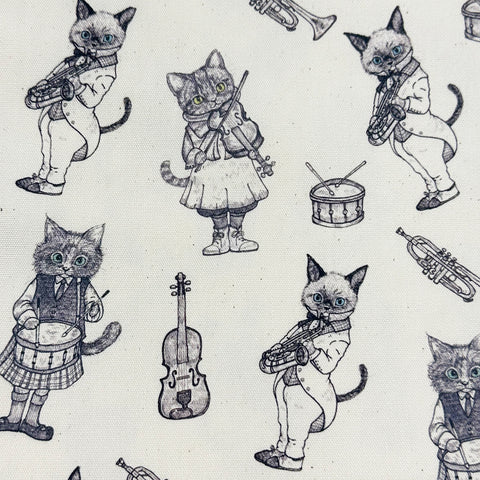 Music Cat Cotton Oxford Fabric in Natural by Illustrator Ringo, Imported from Japan