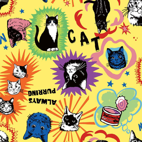 PREORDER In the Popworld Cats -Yellow by UN/NO Cotton Fabric, NN2332H 11B Comso Textile Japan