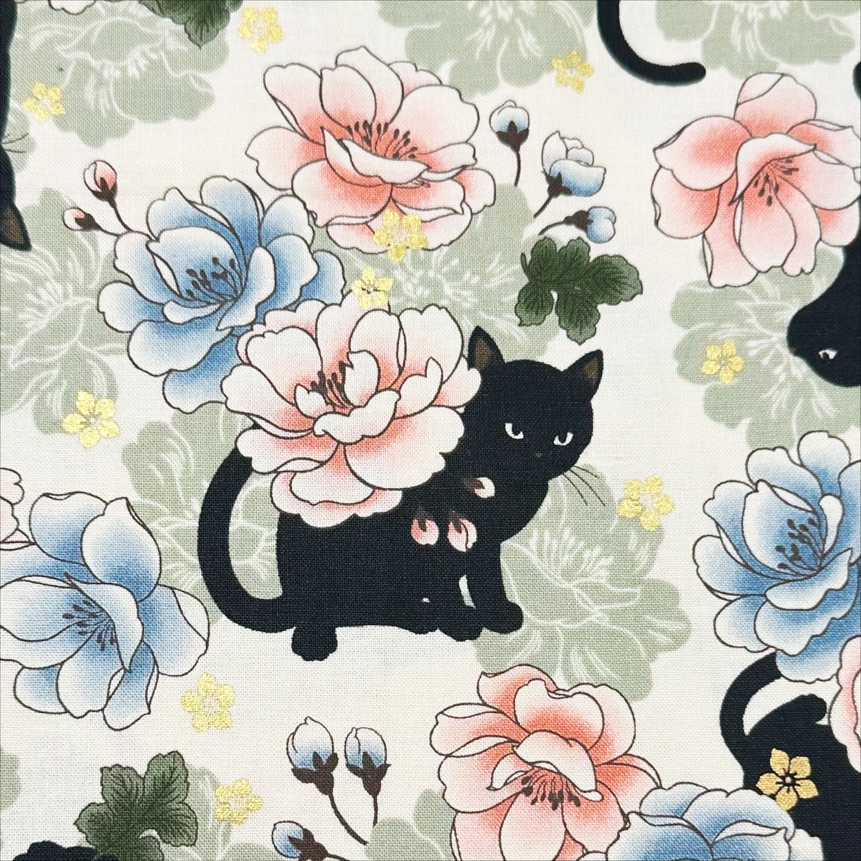 Neko Garden Cats Metallic Cotton Fabric, by Cosmo Textiles