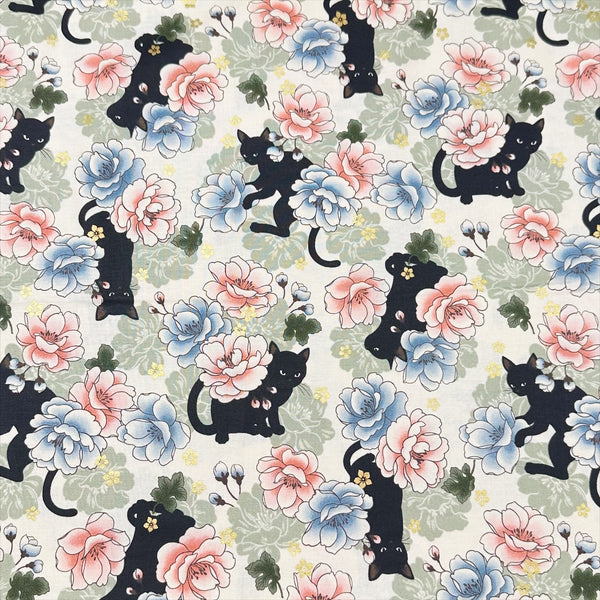 Neko Garden Cats Metallic Cotton Fabric, by Cosmo Textiles