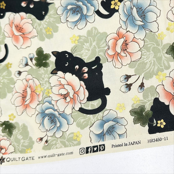Neko Garden Cats Metallic Cotton Fabric, by Cosmo Textiles