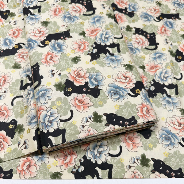 Neko Garden Cats Metallic Cotton Fabric, by Cosmo Textiles