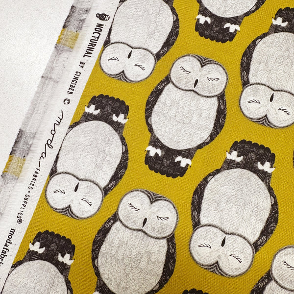 Nocturnal Sleeping Owls in Gold by Gingiber, Cotton Fabric 48332 14 Moda Fabrics