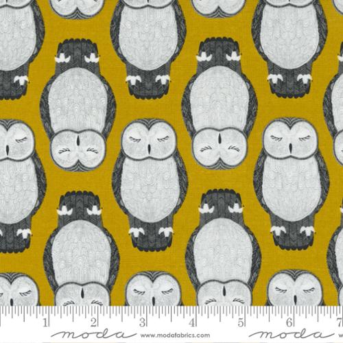 Nocturnal Sleeping Owls in Gold by Gingiber, Cotton Fabric 48332 14 Moda Fabrics