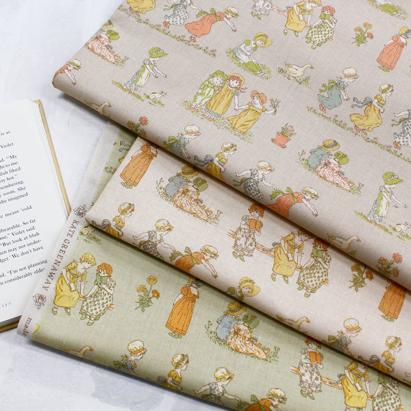 PREORDER Children's Play - Green Cotton Fabric, Kate Greenaway - Imported from Japan