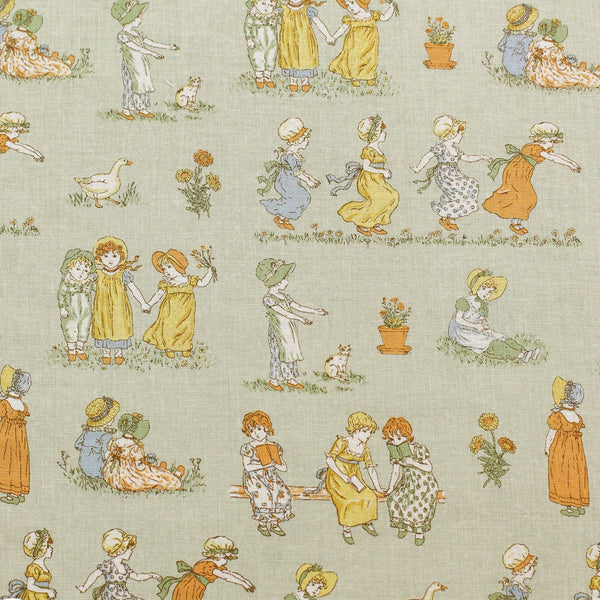 PREORDER Children's Play - Green Cotton Fabric, Kate Greenaway - Imported from Japan