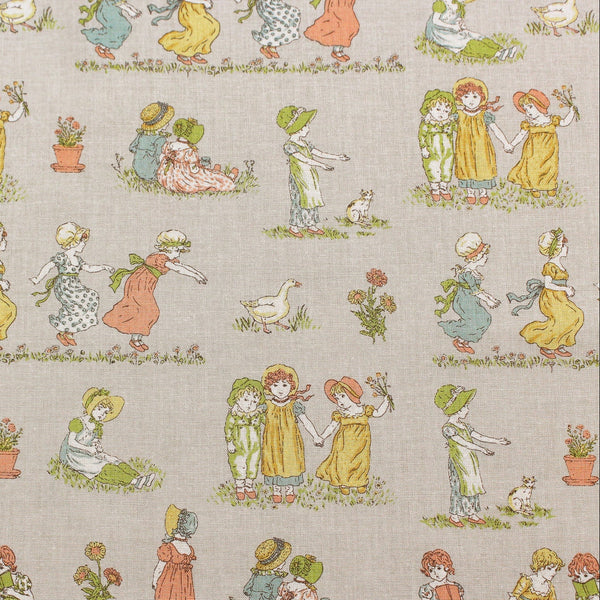 PREORDER Children's Play - Taupe Cotton Fabric, Kate Greenaway - Imported from Japan