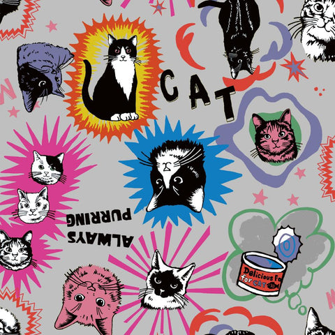 PREORDER In the Popworld Cats -Gray by UN/NO Cotton Fabric, NN2332H 11F Comso Textile Japan 