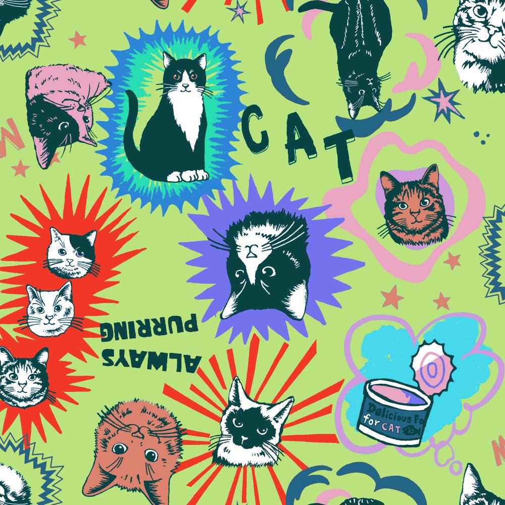 PREORDER In the Popworld Cats -Green by UN/NO Cotton Fabric, NN2332H 11E Comso Textile Japan