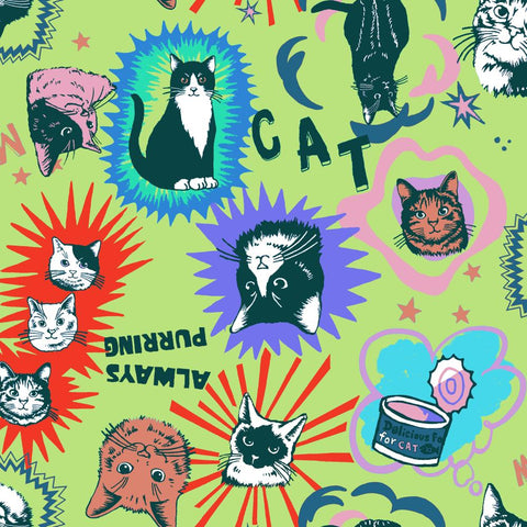 PREORDER In the Popworld Cats -Green by UN/NO Cotton Fabric, NN2332H 11E Comso Textile Japan