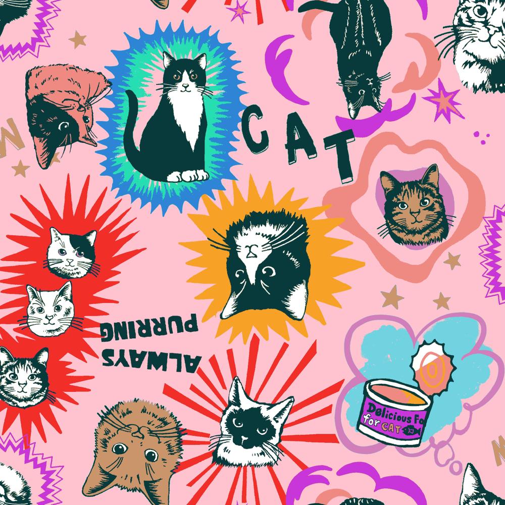 PREORDER In the Popworld Cats -Pink by UN/NO Cotton Fabric, NN2332H 11C Comso Textile 